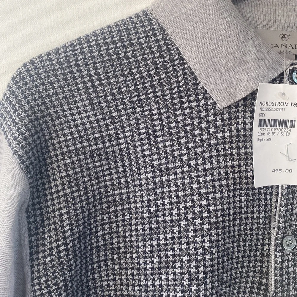 Canali Mens Long-sleeve Gray & Black‎ Houndstooth print front Sweater, Size XXL